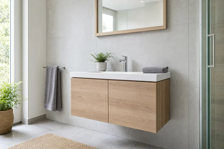 Meuble de salle de bain suspendu décor bois avec vasque blanche et miroir