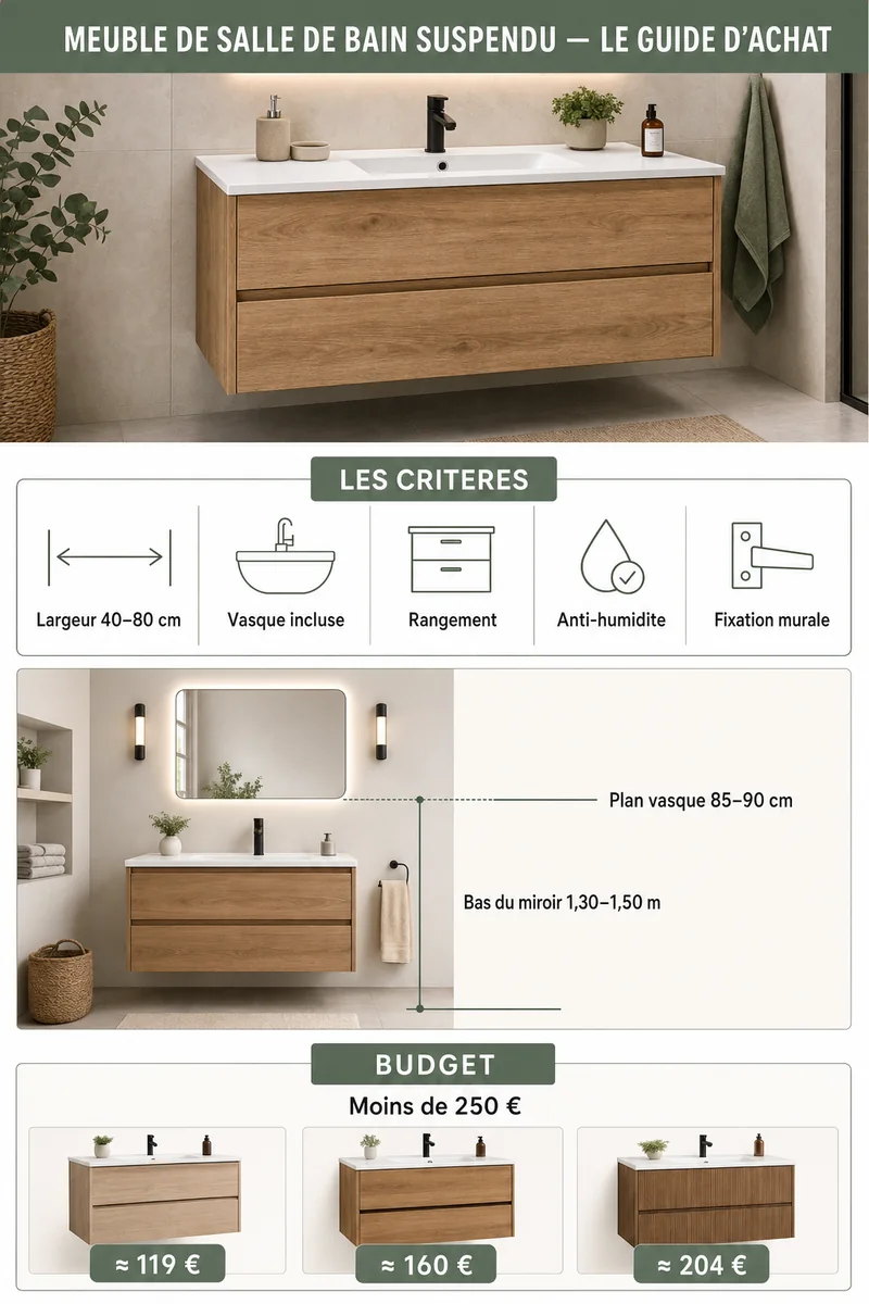 Infographie : critères, dimensions et budget pour un meuble de salle de bain suspendu à moins de 250 €