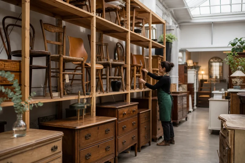 Intérieur de ressourcerie en France avec mobilier de seconde main aligné