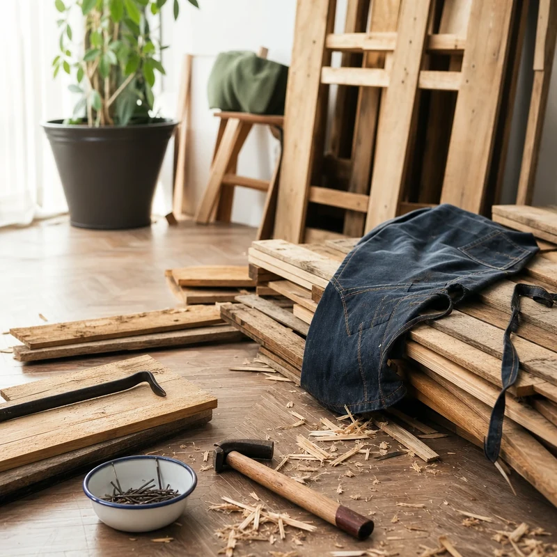 Démontage de palettes avec pied-de-biche et marteau dans un atelier
