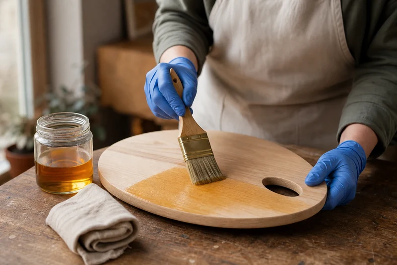 Finition d'une planche de palette à l'huile de lin au pinceau