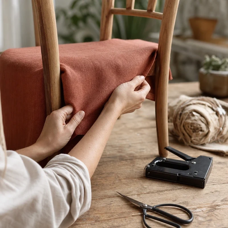 Retapisser une chaise chinée avec un tissu en lin terracotta