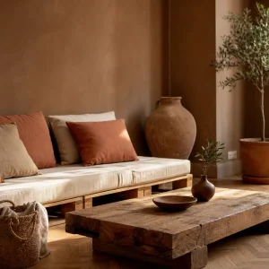 Salon contemporain meublé de pièces upcyclées : canapé en palettes et table basse en chêne récup'