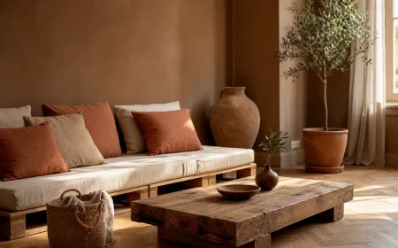 Salon contemporain meublé de pièces upcyclées : canapé en palettes et table basse en chêne récup'