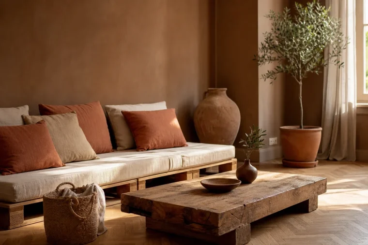 Salon contemporain meublé de pièces upcyclées : canapé en palettes et table basse en chêne récup'