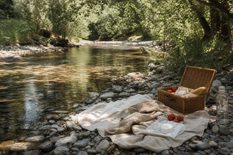Pique-nique au bord d'une rivière sauvage française aux galets clairs