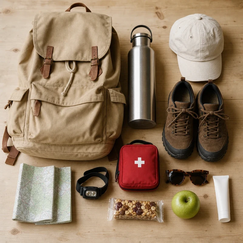 Kit complet pour une micro-aventure d'été : sac, gourde, carte IGN, crème solaire