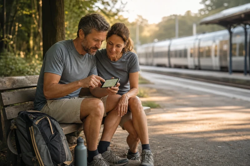 Randonneurs préparant leur itinéraire à la descente d'un train TER en lisière de forêt