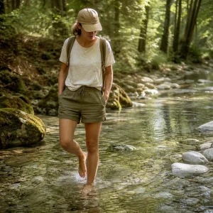 Femme marchant pieds nus dans une rivière fraîche au cœur d'une forêt française en été