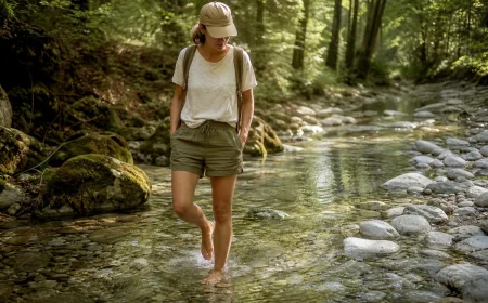 Femme marchant pieds nus dans une rivière fraîche au cœur d'une forêt française en été