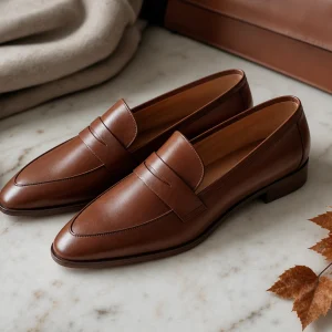 Mocassins femme en cuir cognac présentés sur une surface en marbre, ambiance quiet luxury