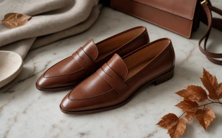 Mocassins femme en cuir cognac présentés sur une surface en marbre, ambiance quiet luxury