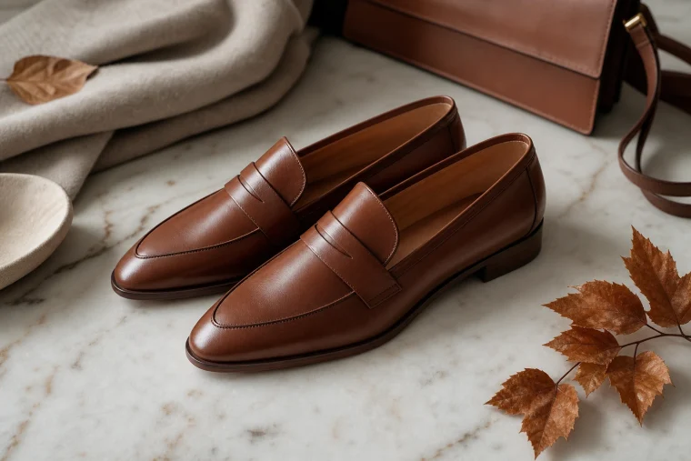 Mocassins femme en cuir cognac présentés sur une surface en marbre, ambiance quiet luxury