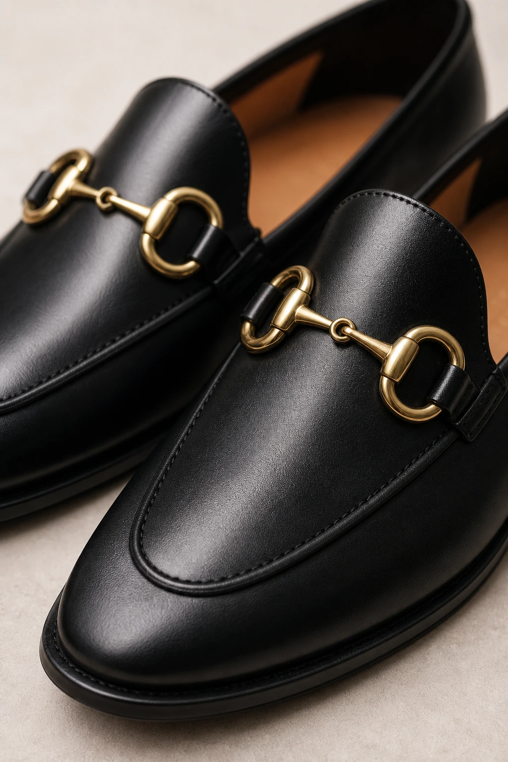 Mocassins femme à mors avec boucle métallique dorée en cuir noir