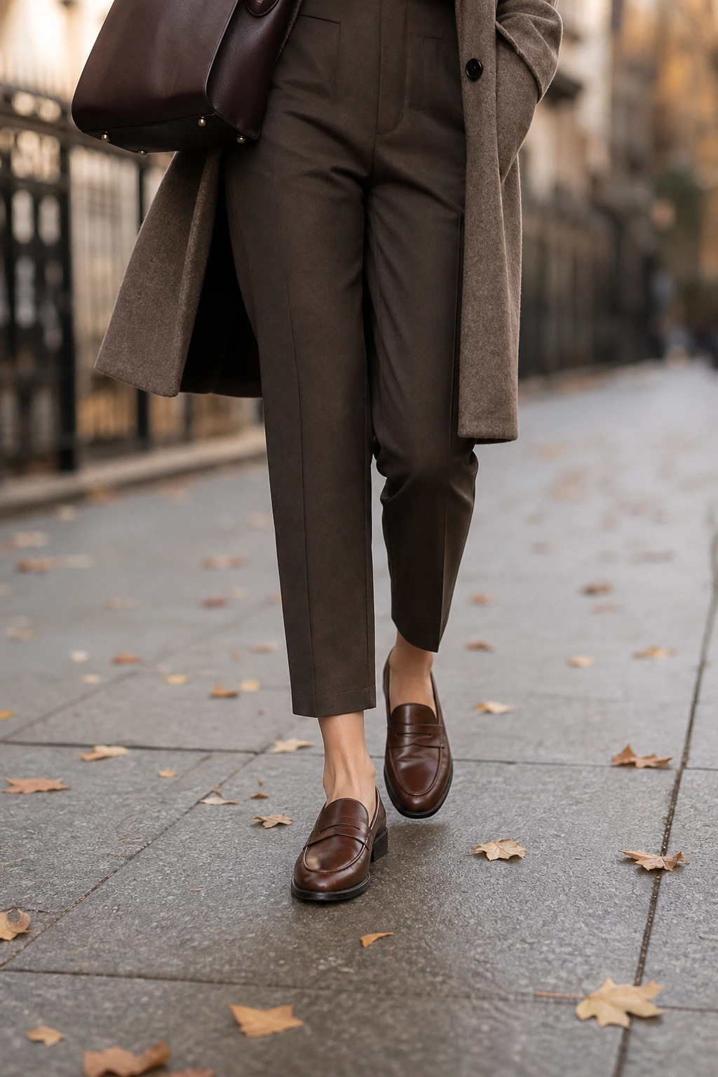 Mocassins marron portés avec un pantalon cigarette dans la rue