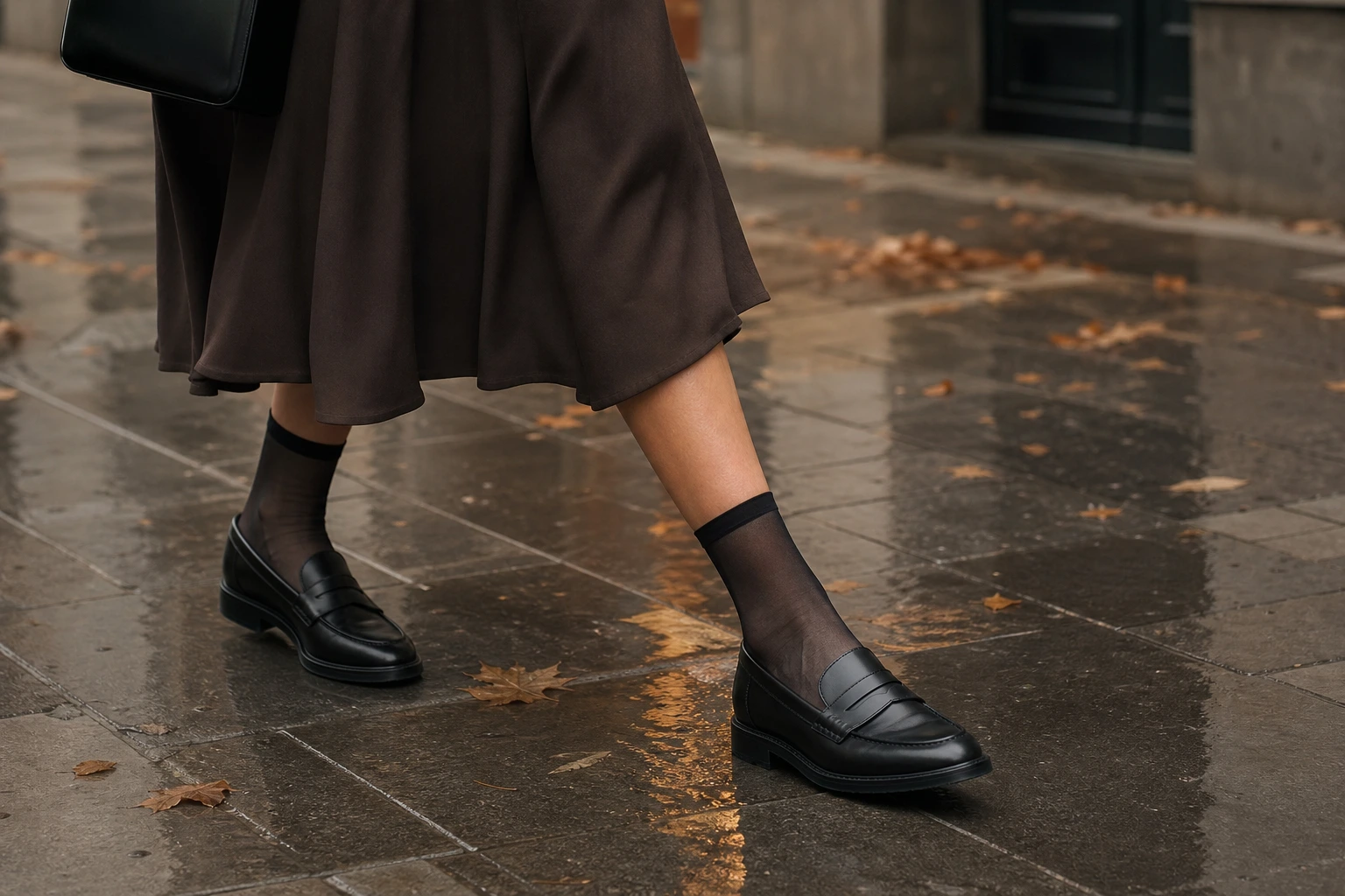 Mocassins noirs portés avec une robe midi fluide en automne