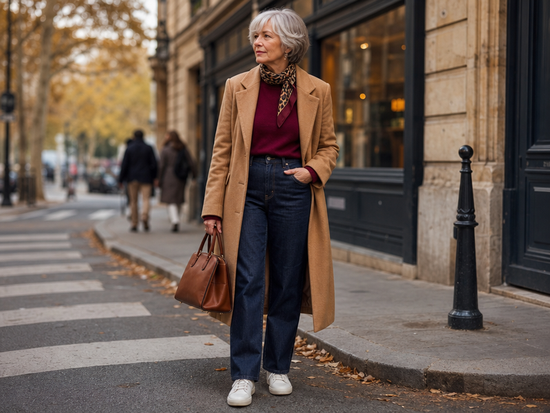 mode femme 60 ans tendances 2025-2026 tenues à adopter camel bordeaux jean droit baskets blanches