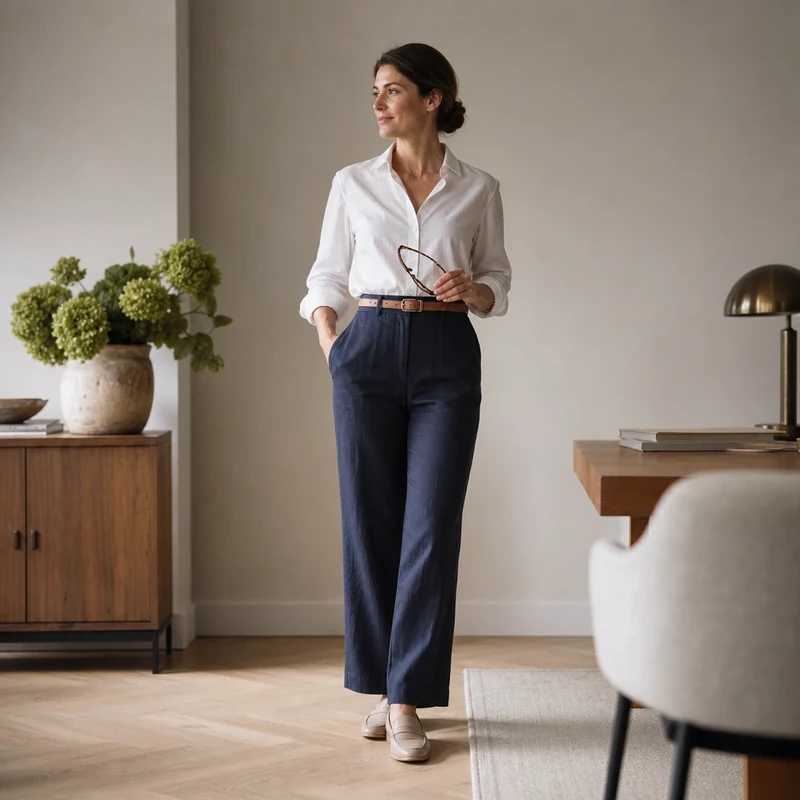 Tenue de bureau avec pantalon large en lin bleu marine et chemisier blanc
