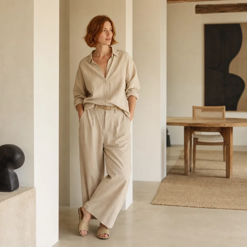 Tenue monochrome beige avec pantalon large en coton fluide et chemise oversize