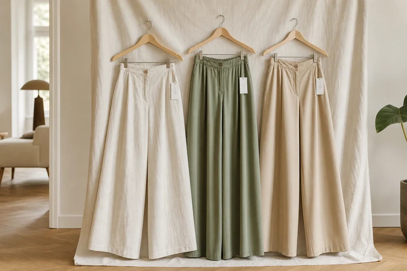 Trois pantalons larges en lin coton et viscose suspendus côte à côte