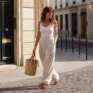 Femme en pantalon large en lin écru et débardeur blanc marchant dans une rue parisienne ensoleillée