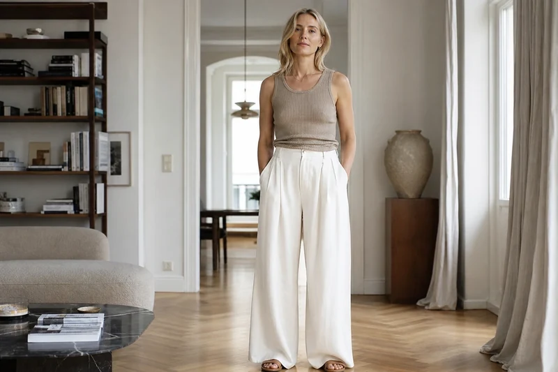 Trois silhouettes de pantalons extra-larges homme en défilé, lin écru, coton sable et viscose marine