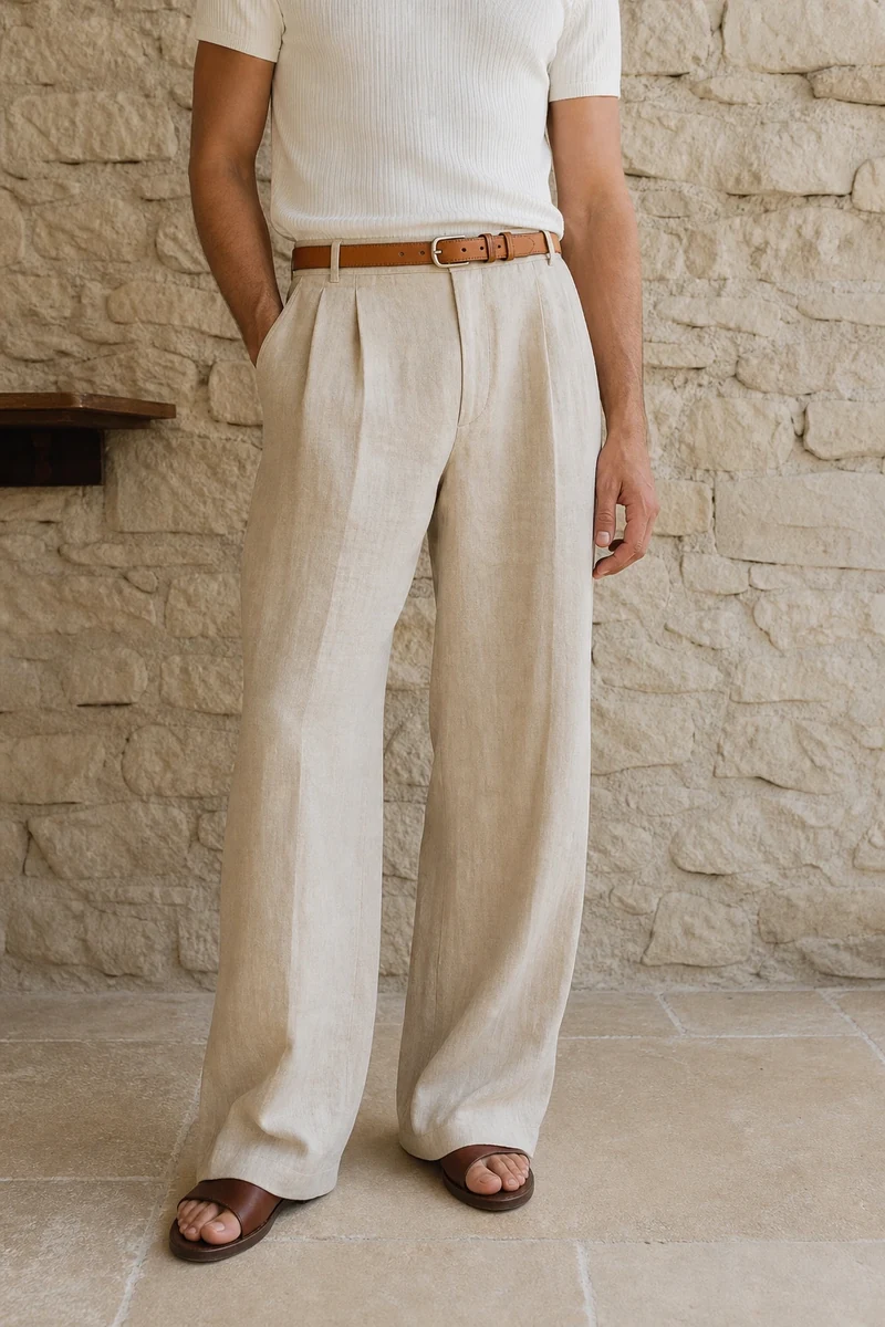 T-shirt blanc côtelé rentré dans un pantalon large taille haute beige en lin