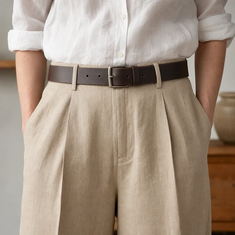 Taille haute d'un pantalon large homme avec ceinture cuir marron et pinces visibles