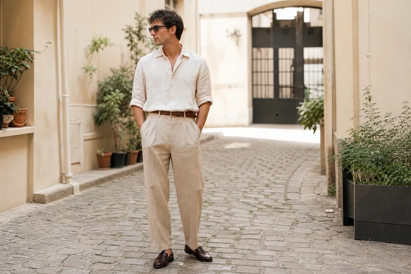 Homme en pantalon large sable, chemise en lin blanc et mocassins, look smart casual parisien
