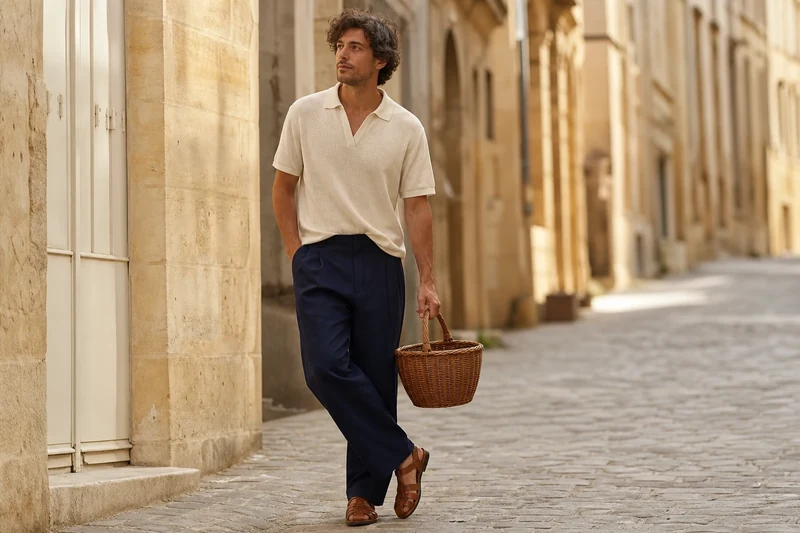 Homme en pantalon large marine, polo écru et sandales de pêcheur, look créateur été