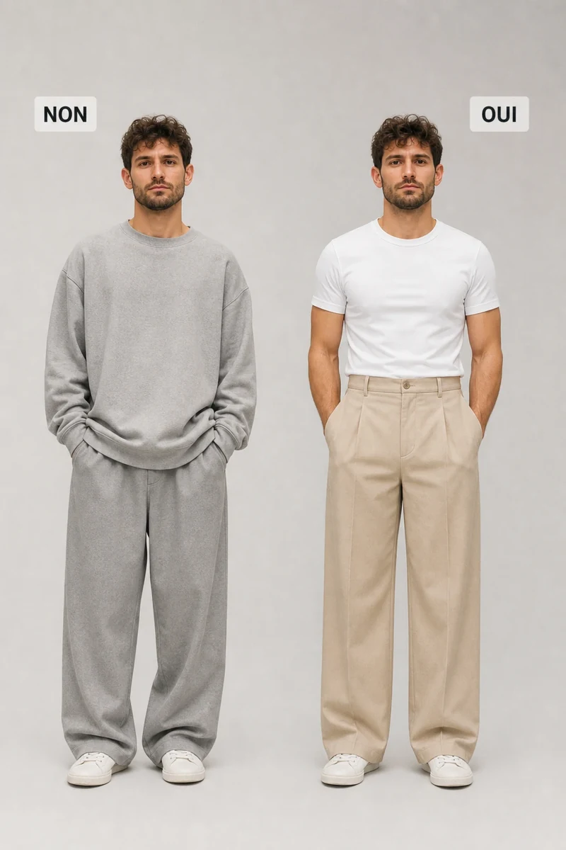 Comparaison silhouette à éviter et silhouette à adopter avec pantalon large homme
