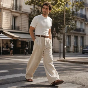 Homme en pantalon large beige en lin taille haute, t-shirt blanc rentré et sandales en cuir, rue parisienne en été