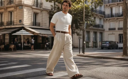 Homme en pantalon large beige en lin taille haute, t-shirt blanc rentré et sandales en cuir, rue parisienne en été