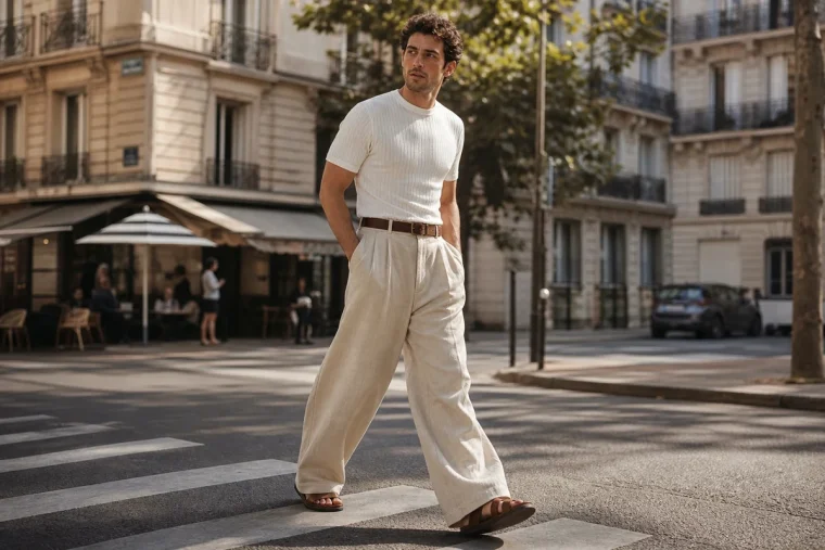 Homme en pantalon large beige en lin taille haute, t-shirt blanc rentré et sandales en cuir, rue parisienne en été