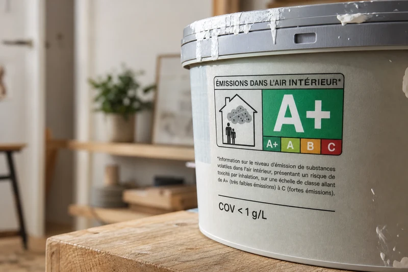 Étiquette A+ d'émissions dans l'air intérieur sur un pot de peinture meuble, mention COV inférieur à 1 g/L