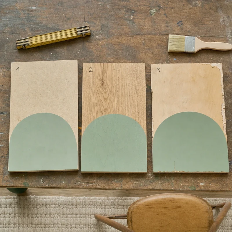 MDF, chêne massif et contreplaqué récup peints à moitié avec la même peinture vert sauge pour comparer la couverture