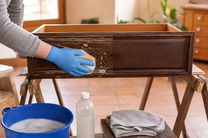 Dégraissage d'un tiroir de meuble verni à la lessive Saint-Marc avant peinture, gant nitrile et éponge moussante