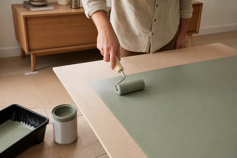 Application d'une peinture meuble basse COV vert sauge au rouleau laqueur mousse sur panneau MDF