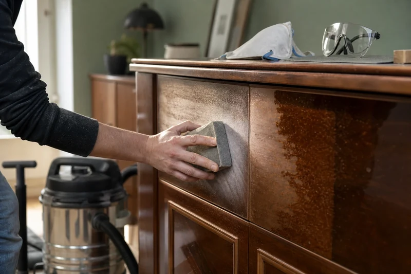 Égrenage léger au papier abrasif grain 240 d'une porte de buffet vernie avant peinture meuble basse COV
