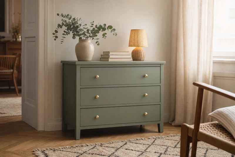 Commode vintage entièrement relookée à la peinture meuble basse COV vert sauge mat, boutons laiton, salon français lumineux