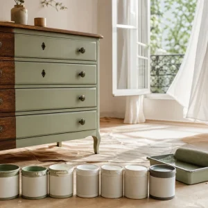Commode en bois à moitié repeinte en vert sauge mat avec six pots de peinture A+ alignés et fenêtre ouverte pour l'aération