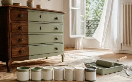 Commode en bois à moitié repeinte en vert sauge mat avec six pots de peinture A+ alignés et fenêtre ouverte pour l'aération