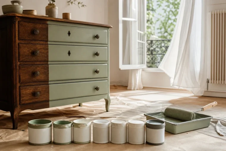 Commode en bois à moitié repeinte en vert sauge mat avec six pots de peinture A+ alignés et fenêtre ouverte pour l'aération