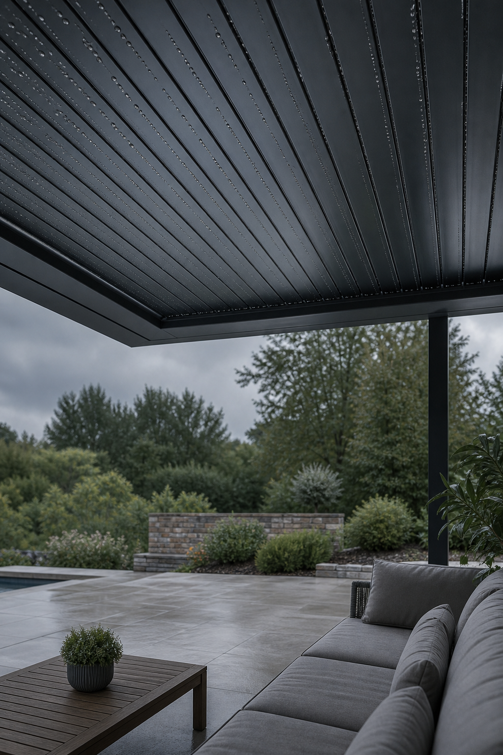 Pluie sur les lames fermées et étanches d'une pergola bioclimatique