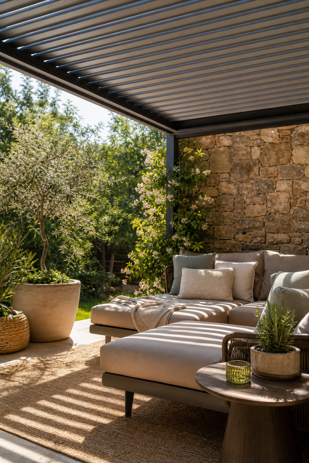 Salon d'extérieur cosy sous une pergola bioclimatique