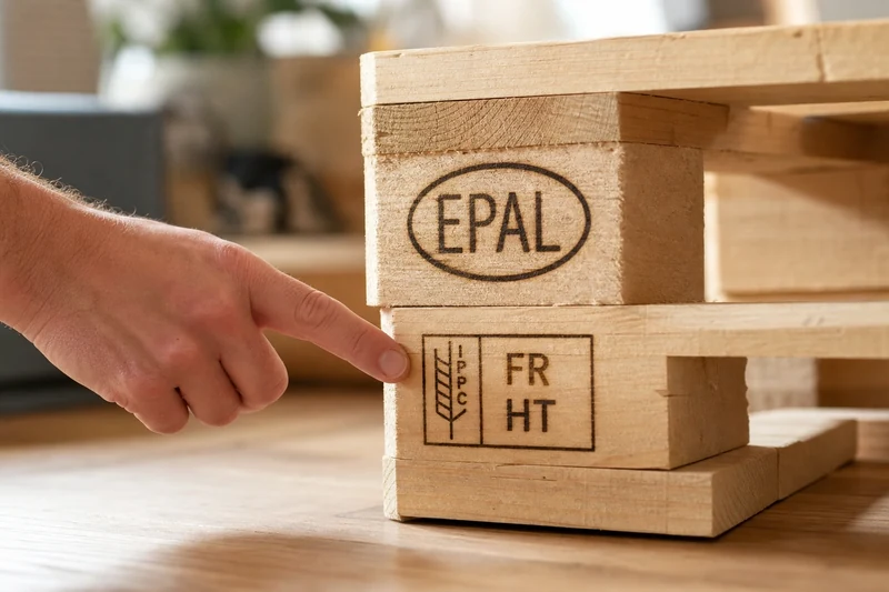 Gros plan sur le marquage HT et le logo EPAL d'une palette en bois sécuritaire pour DIY