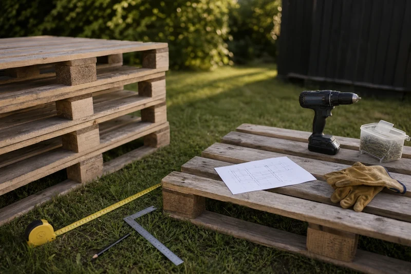 Plan de coupe et matériel pour pergola 2×3 m en palettes : mètre, équerre, visseuse, vis Torx