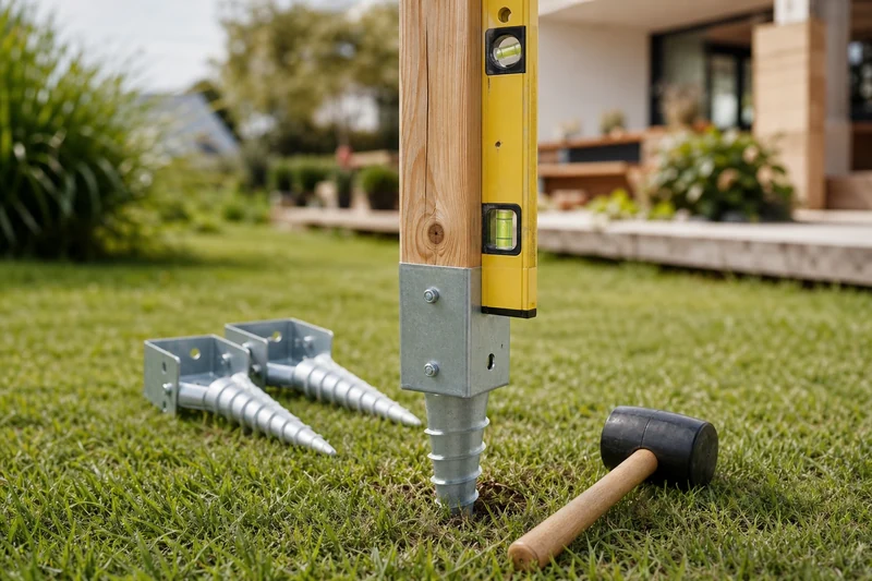 Ancrage de pergola sans béton avec piquet vis galvanisé dans la pelouse, niveau à bulle
