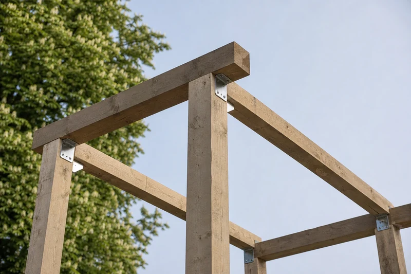 Pose des traverses horizontales d'une pergola palettes avec équerres et vis traversantes
