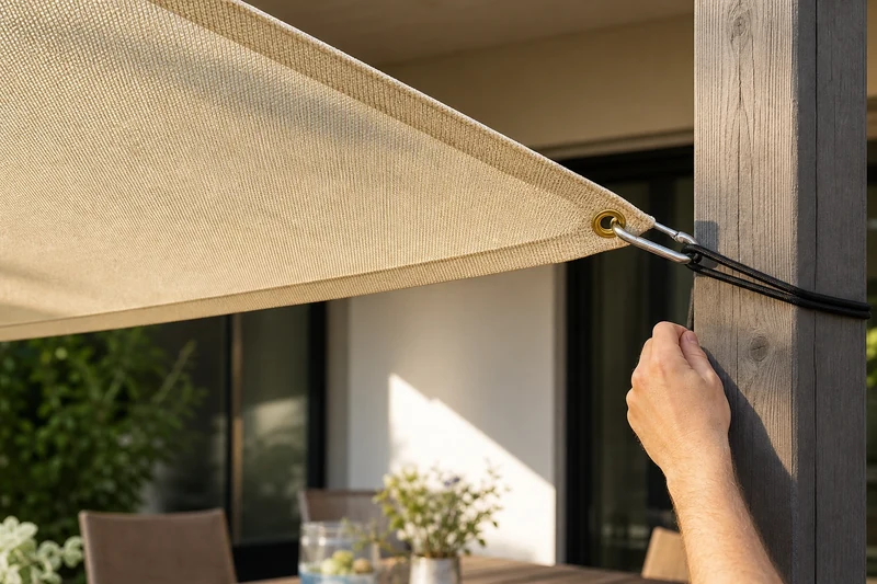 Tension d'une toile d'ombrage HDPE écru sur pergola palettes avec œillet laiton, mousqueton et sandow
